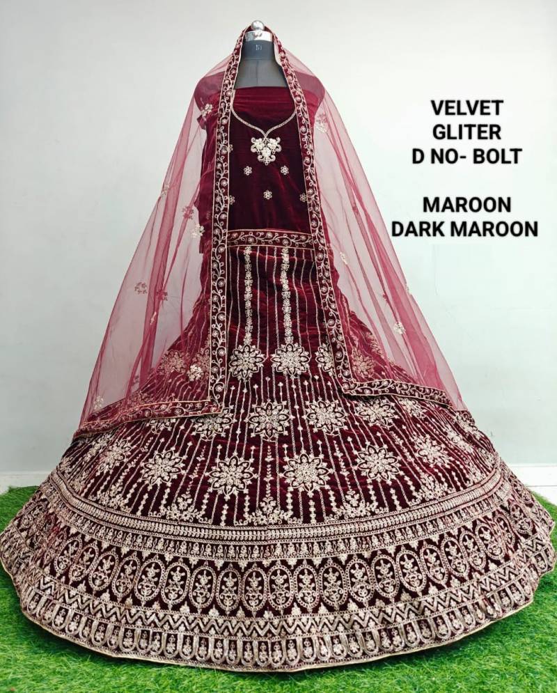 Velvet Gliter Bolt Dark Maroon Embroidery Worked Bridal Lehenga Choli