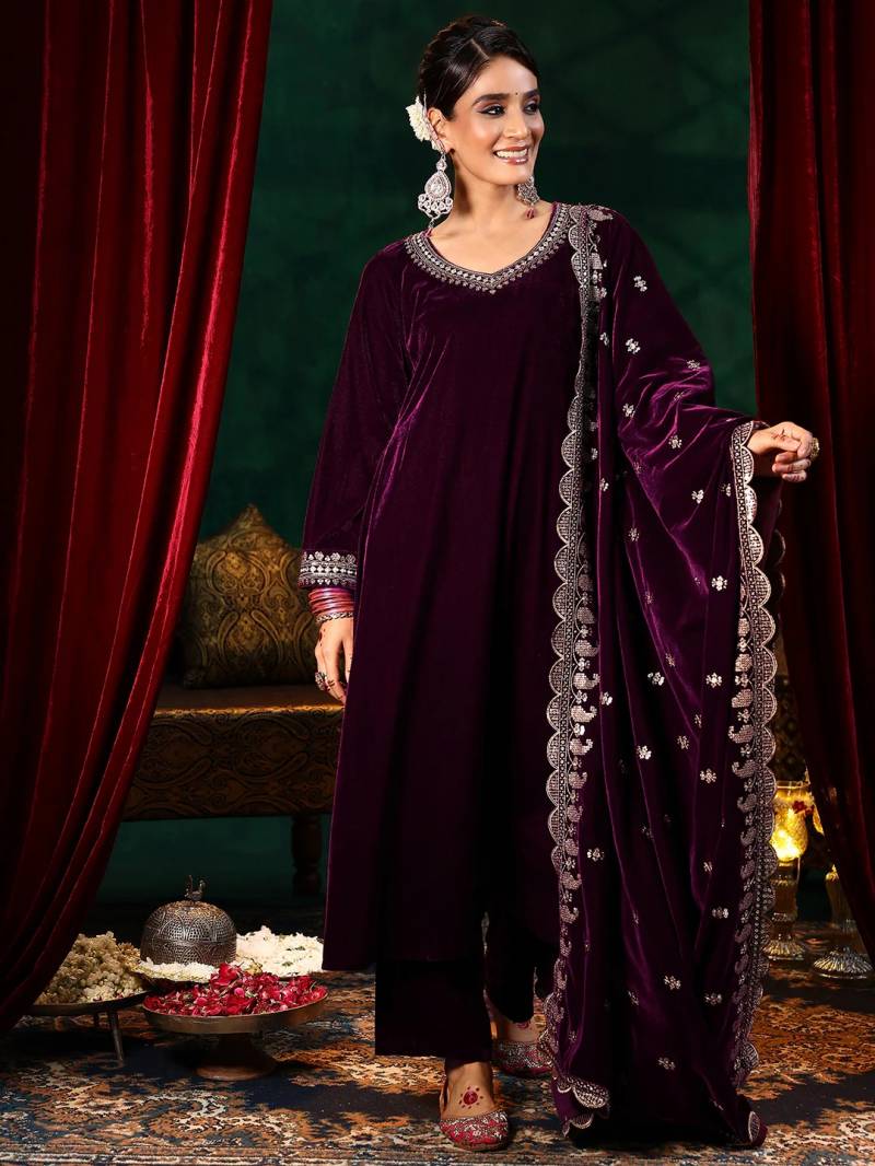 Devnoor 01 Velvet Embroidery Work Straight Kurti Pant And Dupatta