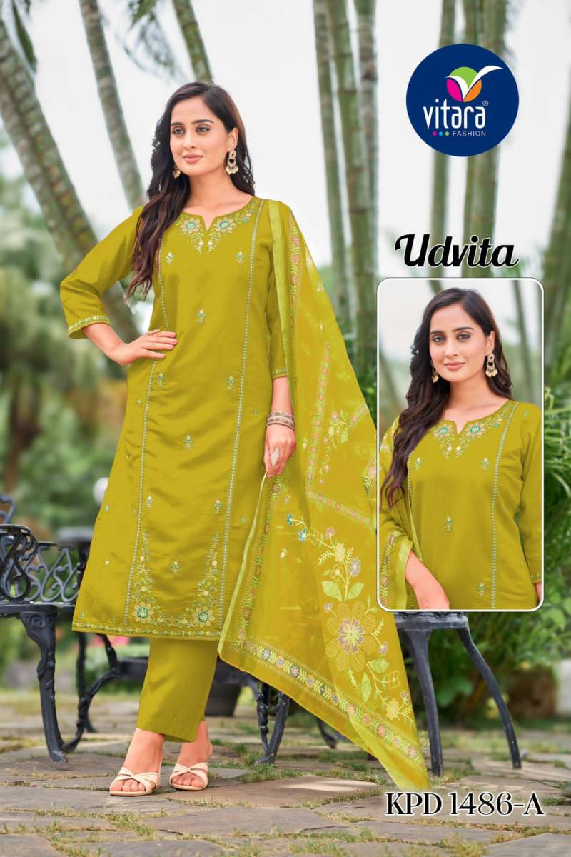 Vitara Udvita Roman Silk Embroidered Kurti Pant And Dupatta