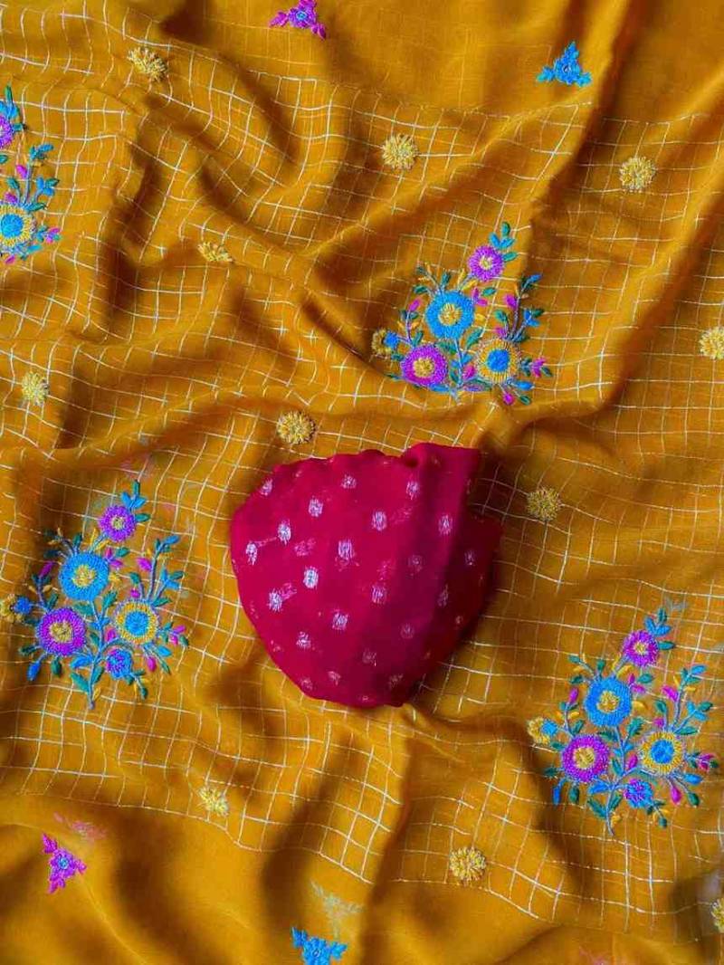 Kc 4030 Georgette With Beautiful Gamthi Worked Chex Designer Saree Collection