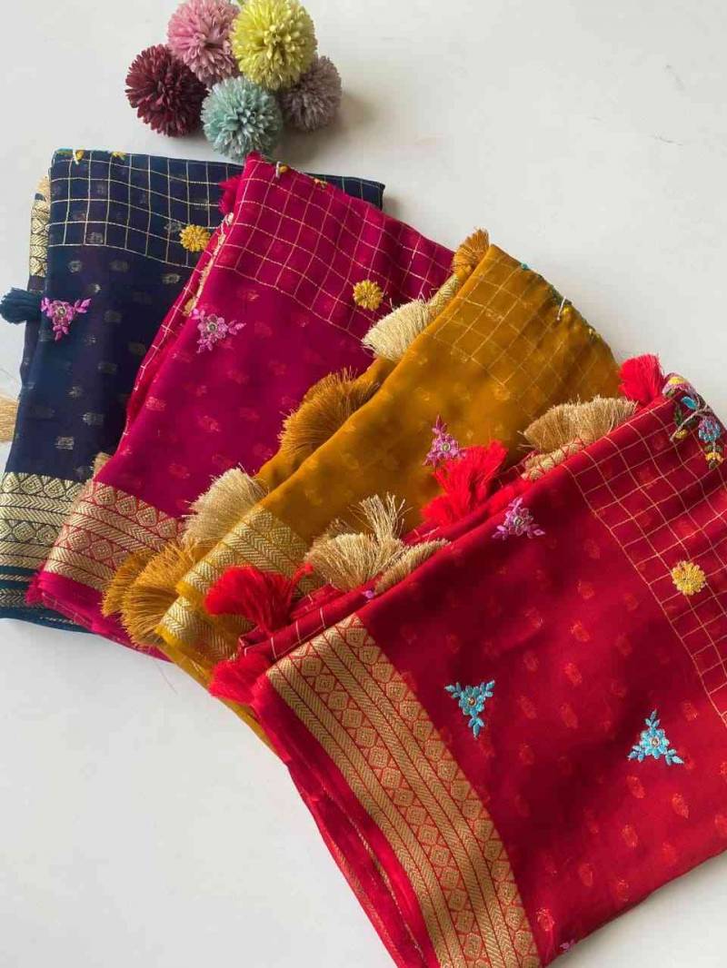 Kc 4030 Georgette With Beautiful Gamthi Worked Chex Designer Saree Collection