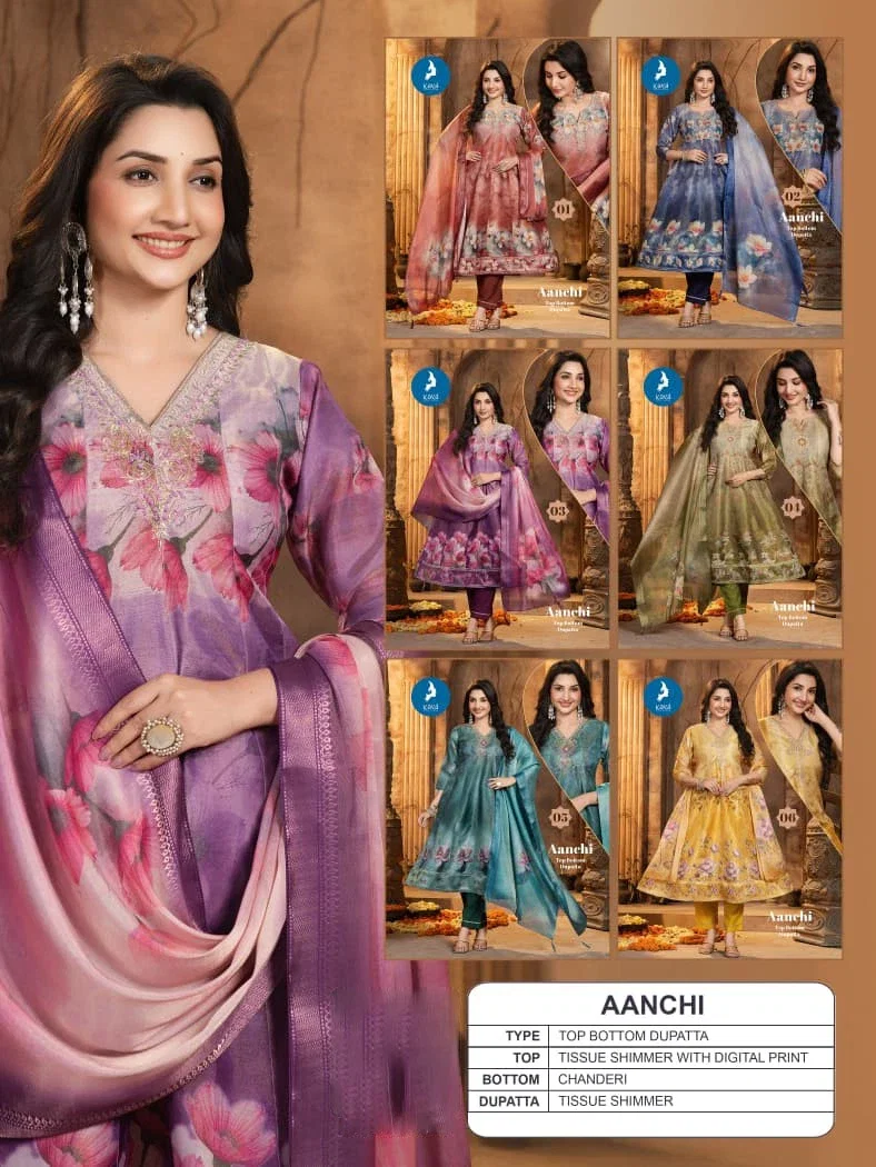 Kaya Aanchi Tissue Shimmer Digital Print Kurti Pant And Dupatta