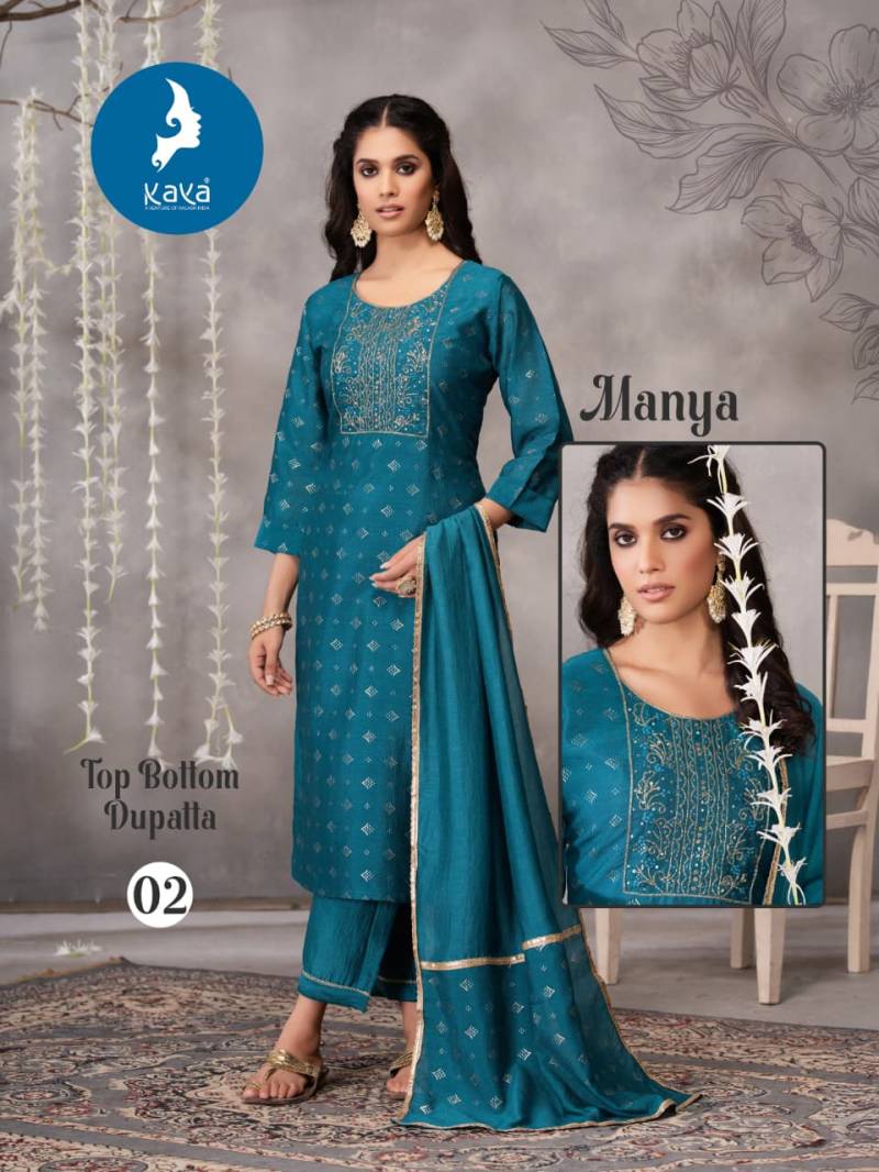 Kaya Manya Vichitra Foil Print Casual Wear Kurti Pant And Dupatta