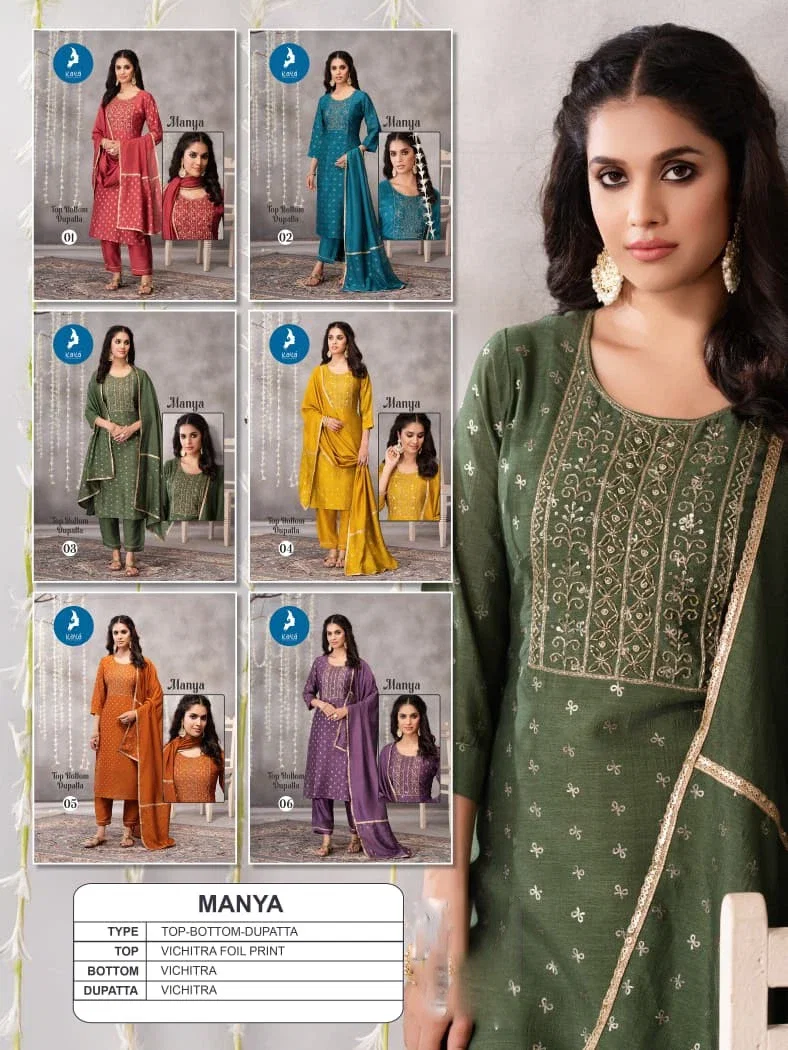 Kaya Manya Vichitra Foil Print Casual Wear Kurti Pant And Dupatta