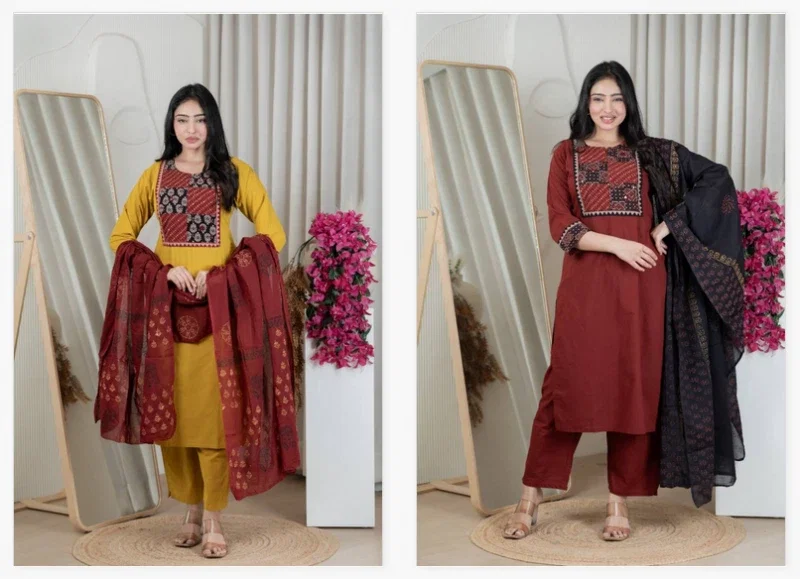 Naisha K 448 Cotton Dhabhu Simple Casual Wear Kurti Pant And Dupatta