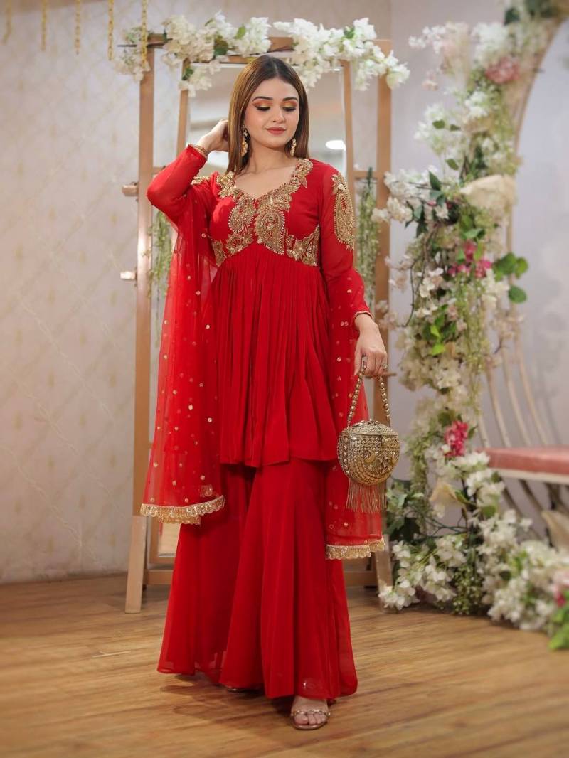 5006 Beautiful Faux Georgette Embroidered Kurti Set Collection