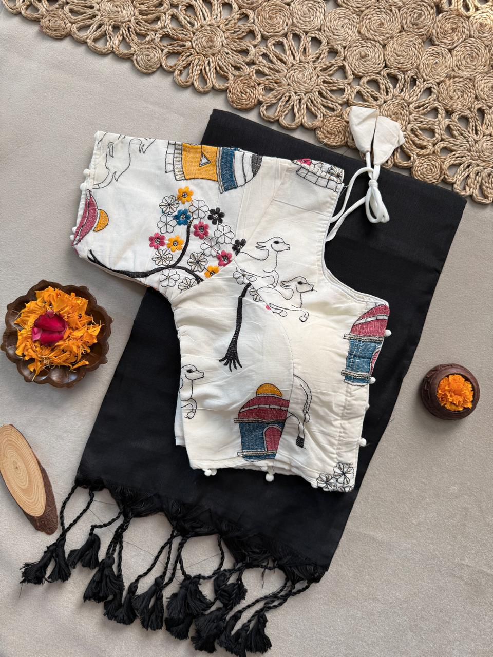 Lekha CF 198 Khadi Cotton Plain Saree With Embroidery Readymade Blouse