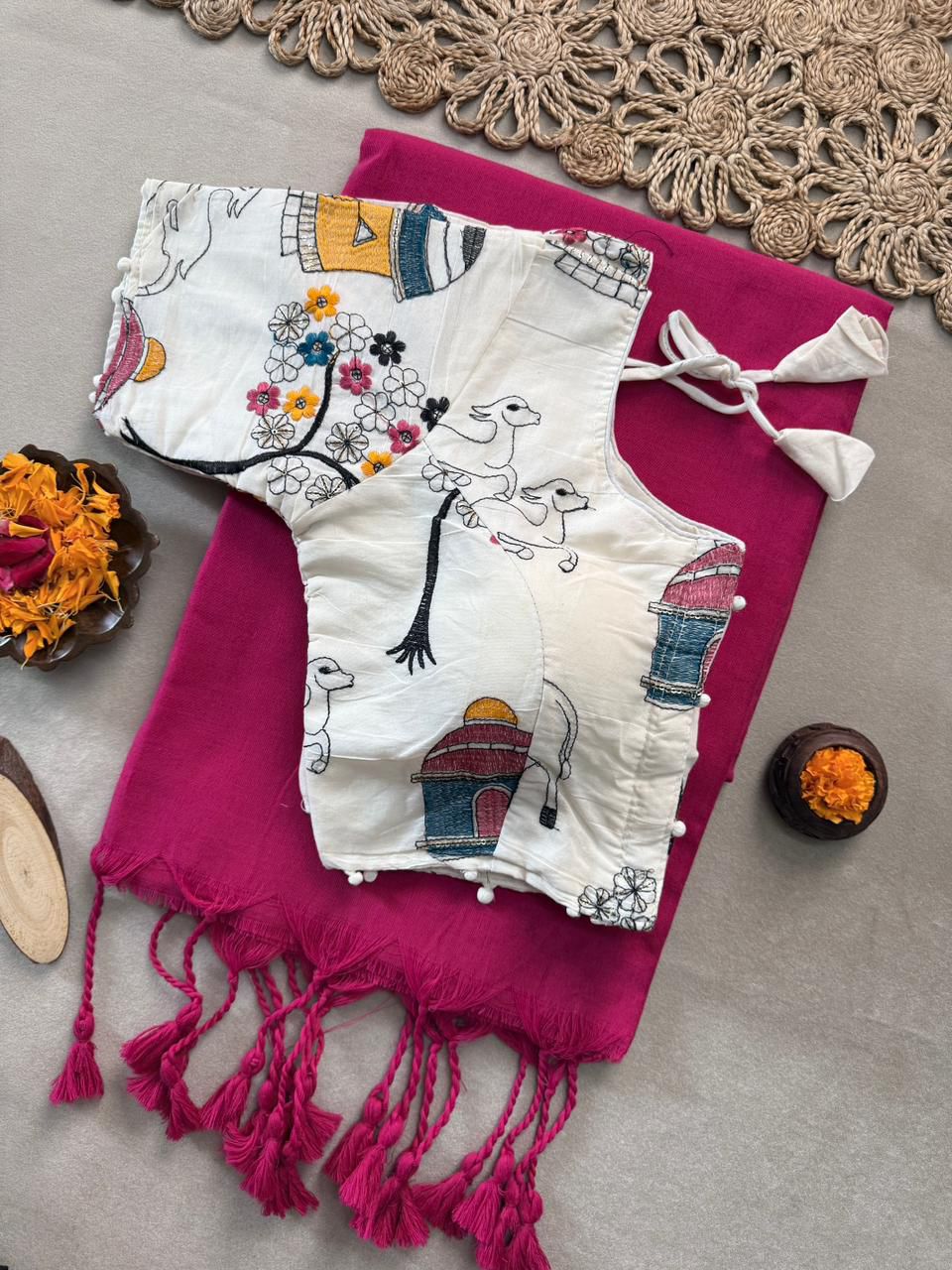 Lekha CF 198 Khadi Cotton Plain Saree With Embroidery Readymade Blouse