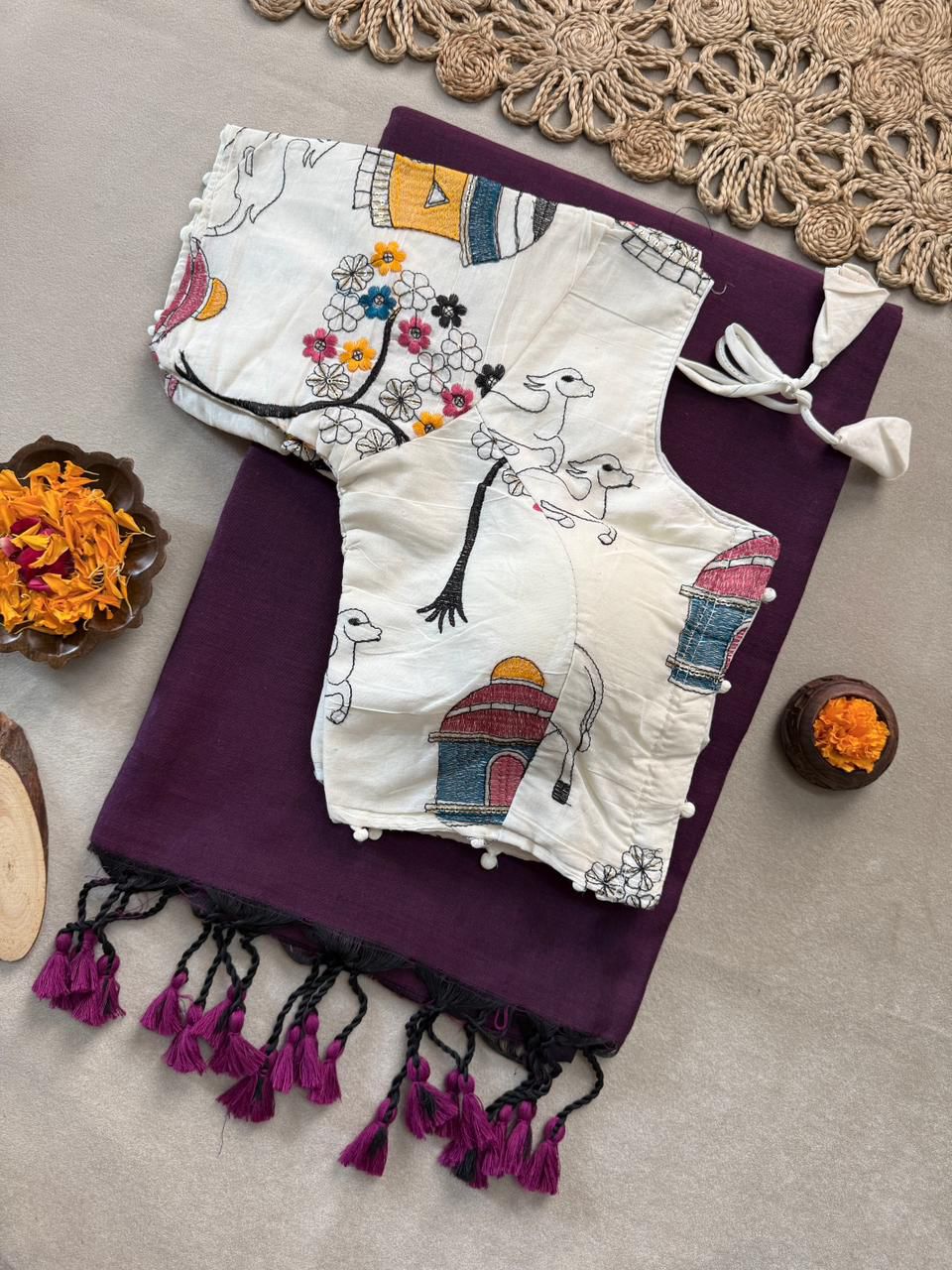 Lekha CF 198 Khadi Cotton Plain Saree With Embroidery Readymade Blouse