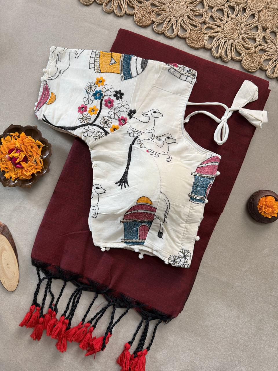 Lekha CF 198 Khadi Cotton Plain Saree With Embroidery Readymade Blouse