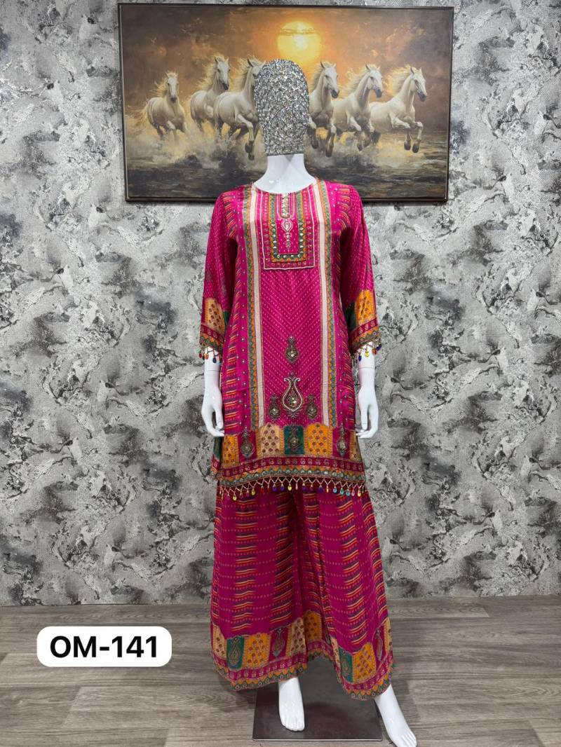 Om 141 Beautiful Designer Crepe Kurti With Bottom Collection