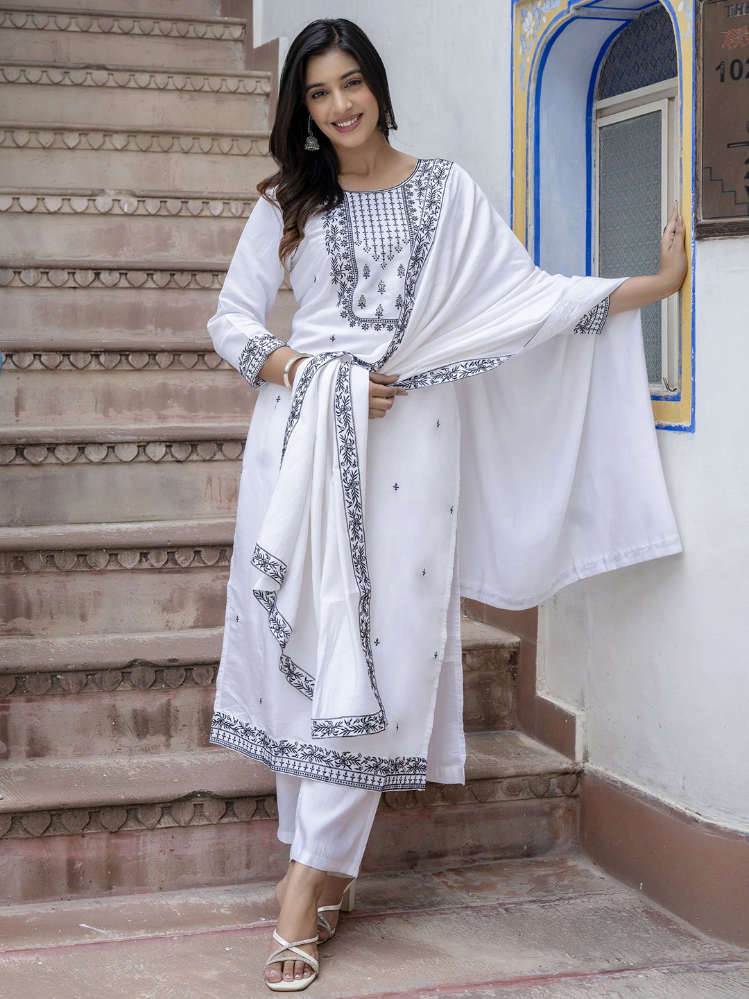 VP 9592 White Viscose Roman Silk Embroidery Straight Kurta Pant with Dupatta Set
