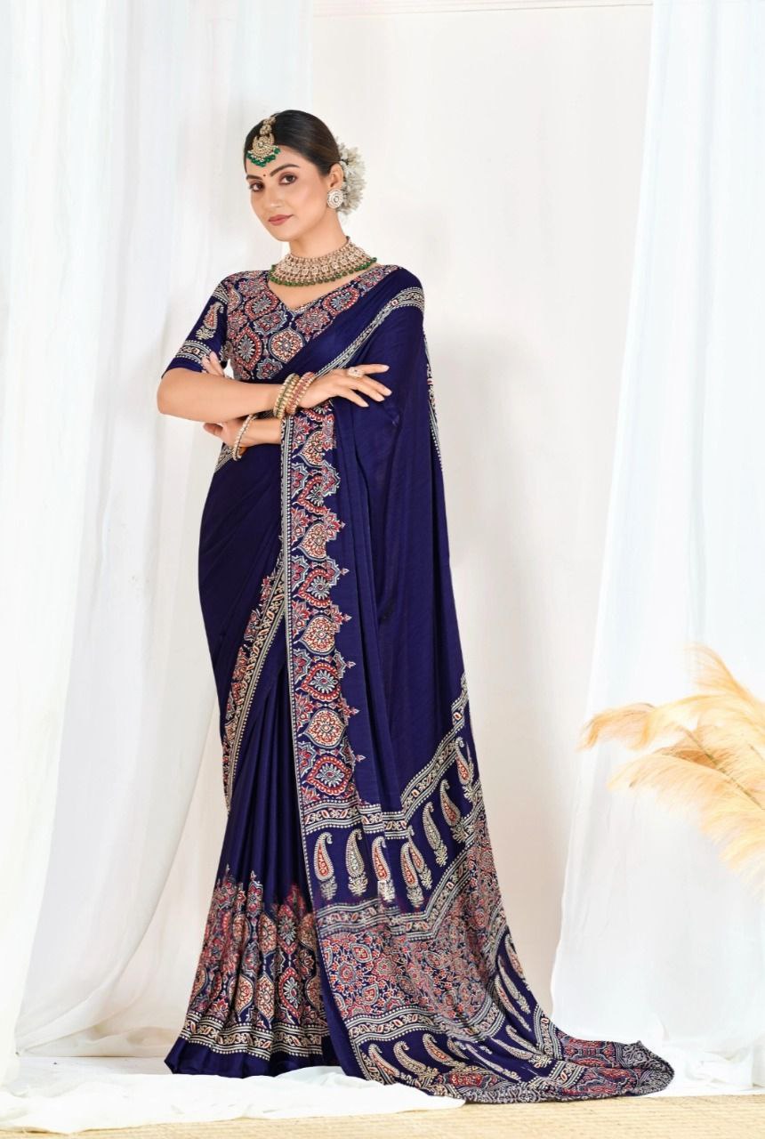 Lekha Rivera RT Ajrakh Semi Gajji SIlk Digital Printed Saree