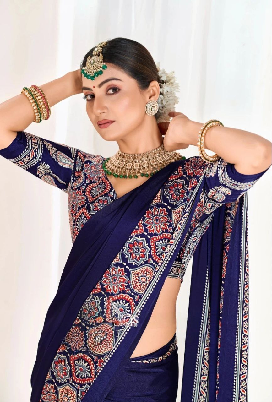 Lekha Rivera RT Ajrakh Semi Gajji SIlk Digital Printed Saree
