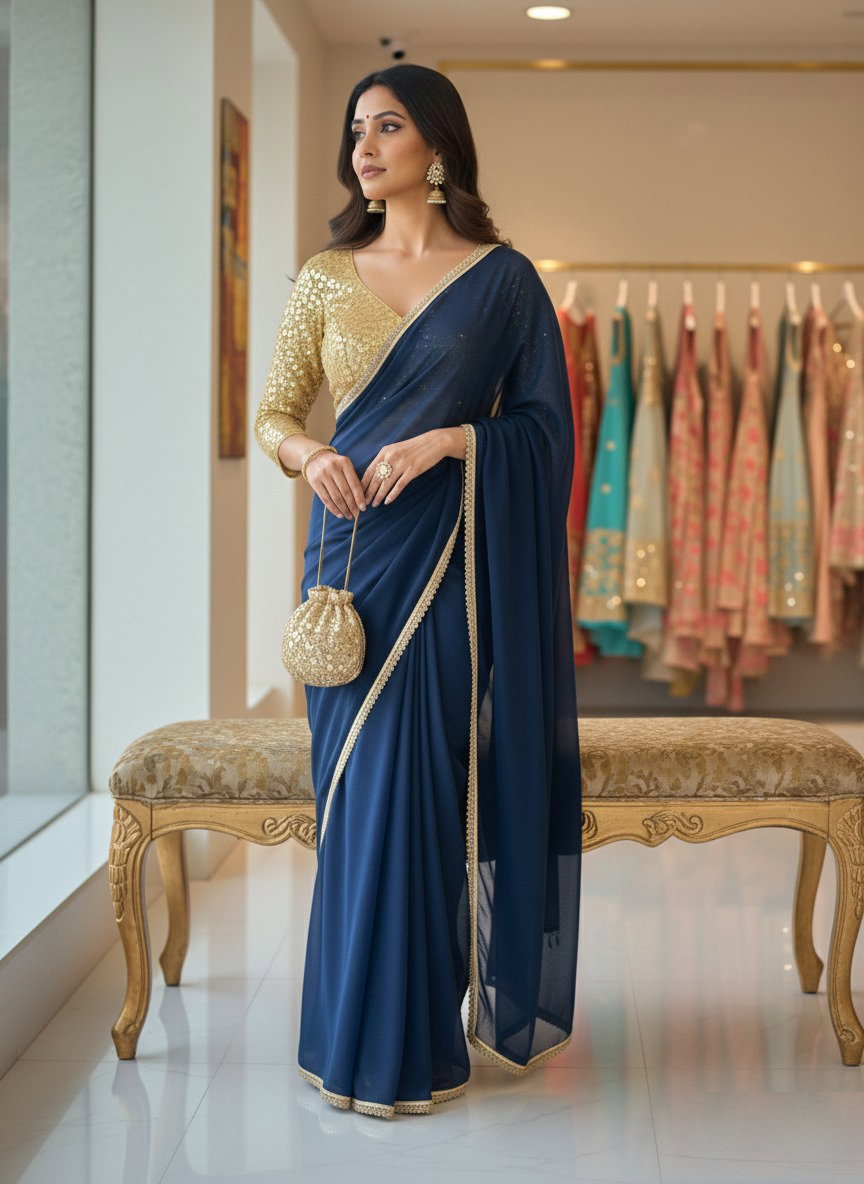 Aawiya PC 13 Morpeach Star Georgette Plain Saree With Lace Border