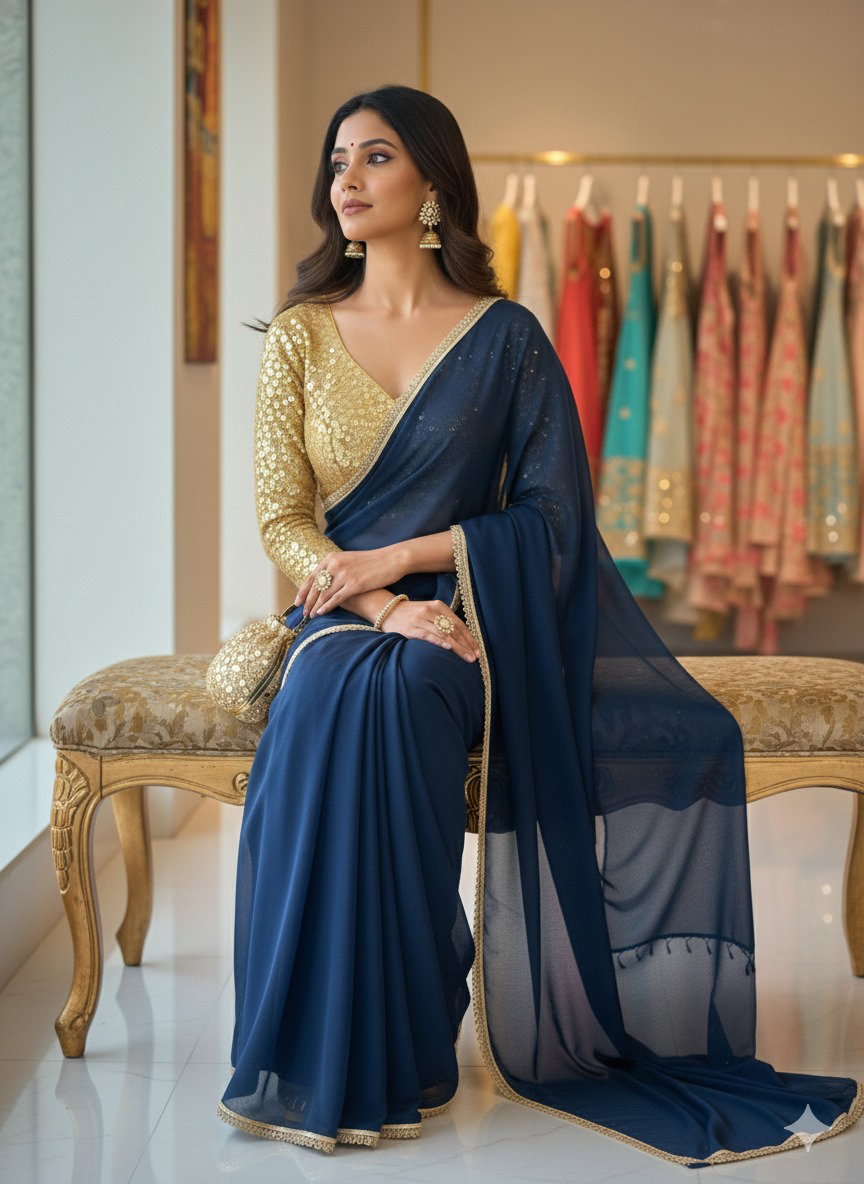 Aawiya PC 13 Morpeach Star Georgette Plain Saree With Lace Border