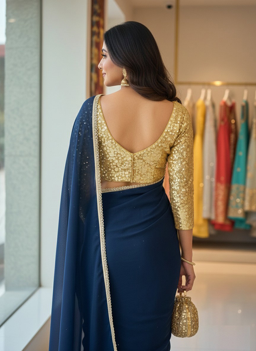 Aawiya PC 13 Morpeach Star Georgette Plain Saree With Lace Border