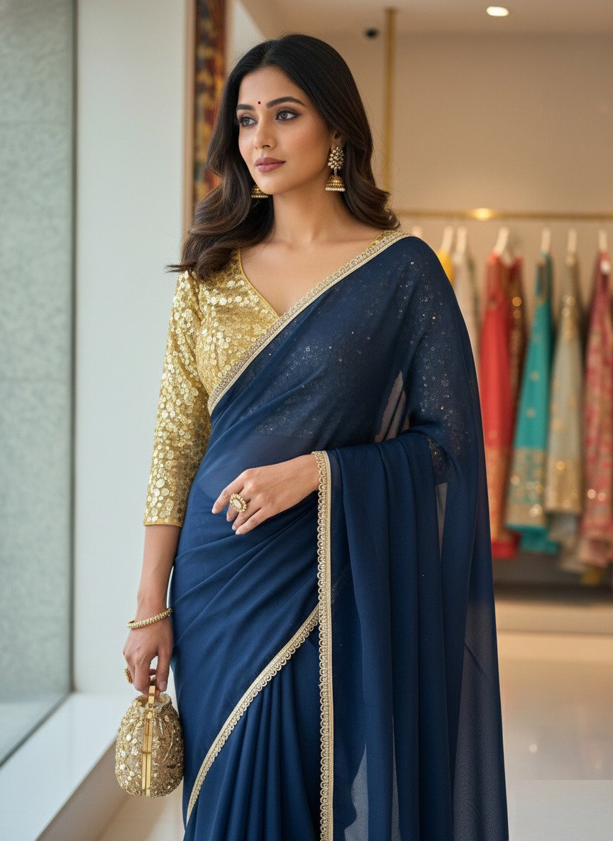 Aawiya PC 13 Morpeach Star Georgette Plain Saree With Lace Border