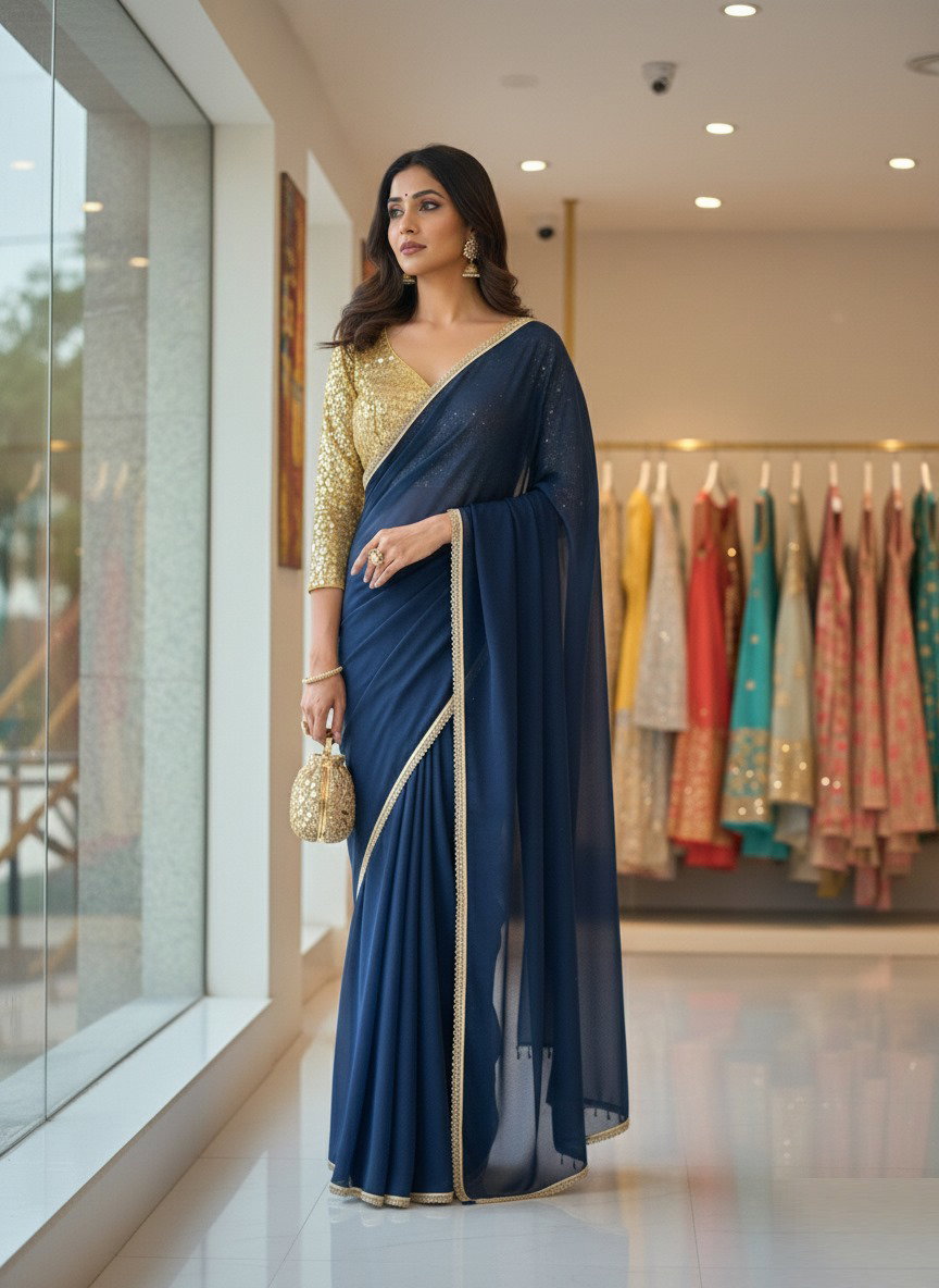 Aawiya PC 13 Morpeach Star Georgette Plain Saree With Lace Border