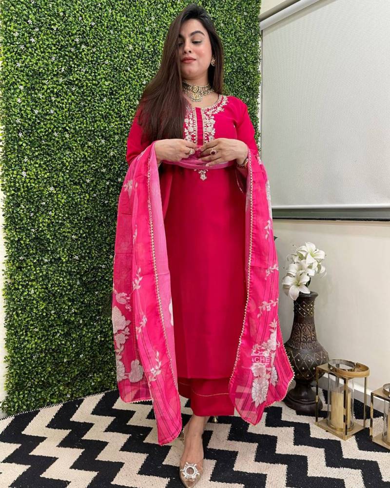 Dhushivani 01 Viscose Chanderi Embroidery Top Bottom And Dupatta