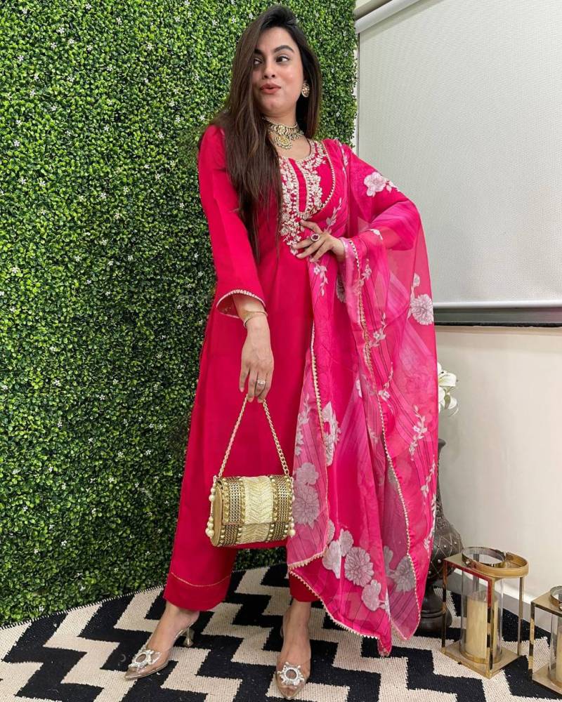 Dhushivani 01 Viscose Chanderi Embroidery Top Bottom And Dupatta
