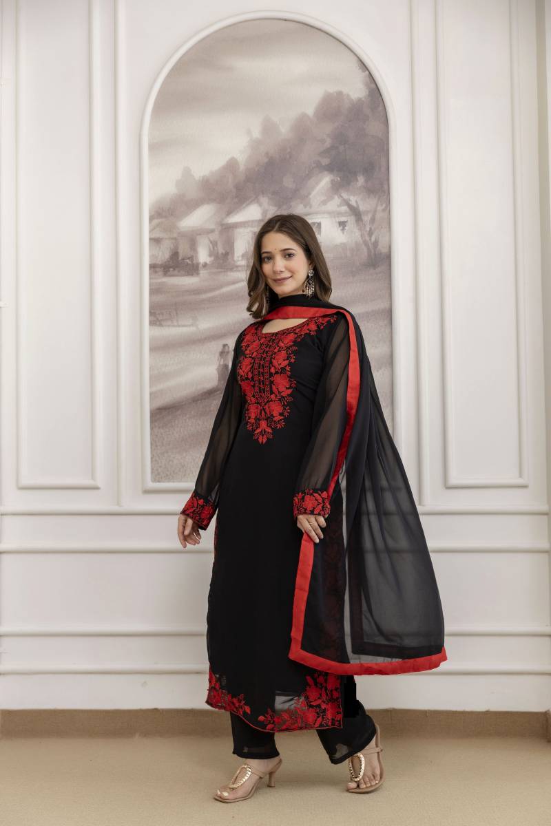 Devsofia 01 Faux Georgette Embroidery Casual Wear Top Bottom And Dupatta
