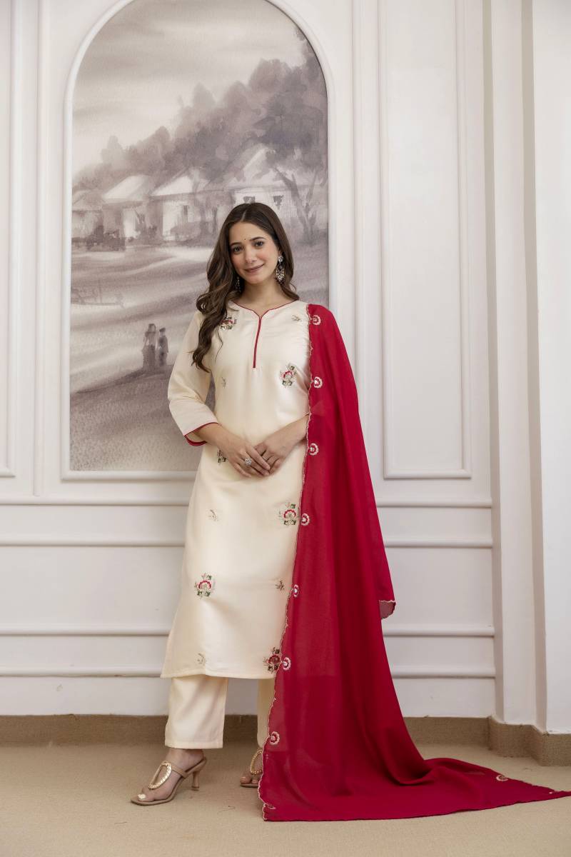 Devmina 01 Chanderi Embroidered Casual Wear Kurti Pant And Dupatta