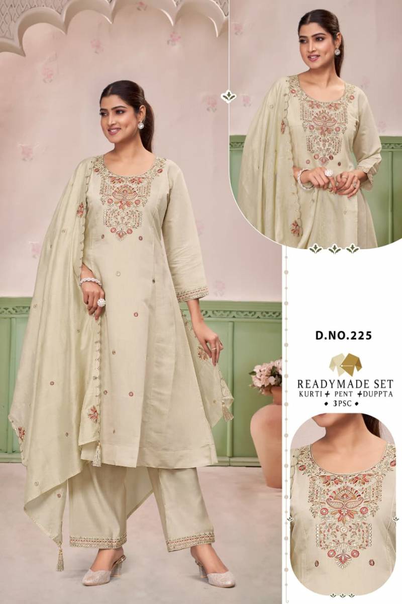 Alinee 225 To 228 Roman Silk Embroidery Work Kurti Pant And Dupatta