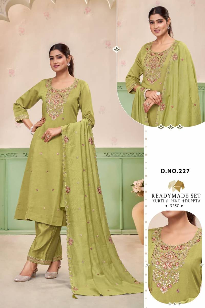 Alinee 225 To 228 Roman Silk Embroidery Work Kurti Pant And Dupatta