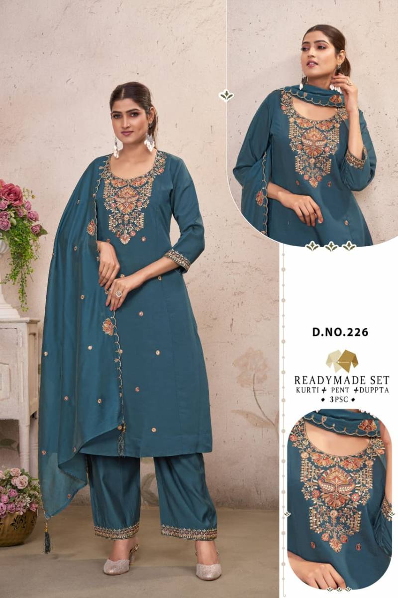 Alinee 225 To 228 Roman Silk Embroidery Work Kurti Pant And Dupatta