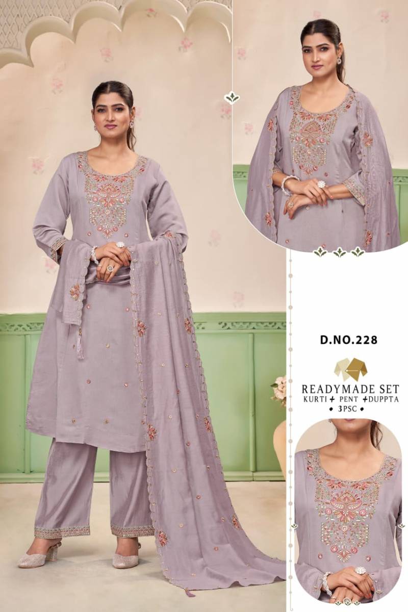 Alinee 225 To 228 Roman Silk Embroidery Work Kurti Pant And Dupatta