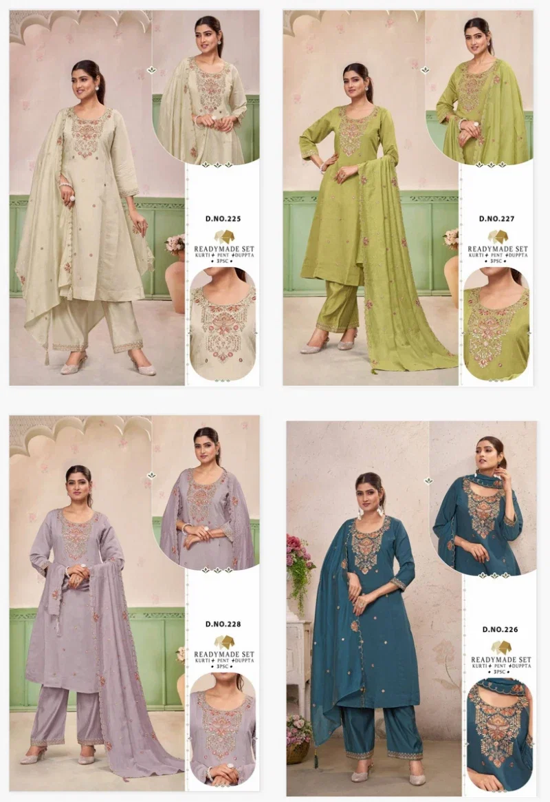 Alinee 225 To 228 Roman Silk Embroidery Work Kurti Pant And Dupatta