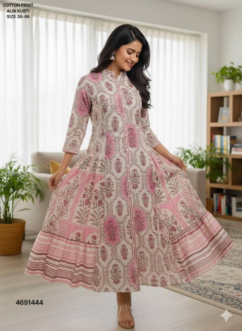 Naisha K 461 Cotton Printed Aline Long Casual Wear Kurti Collection