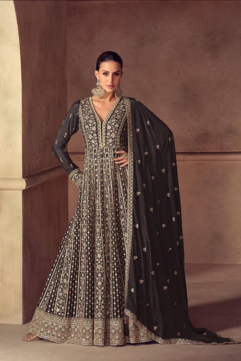Hazeal 7604 A To C Real Chinon Embroidery Worked Premium Gown Collection