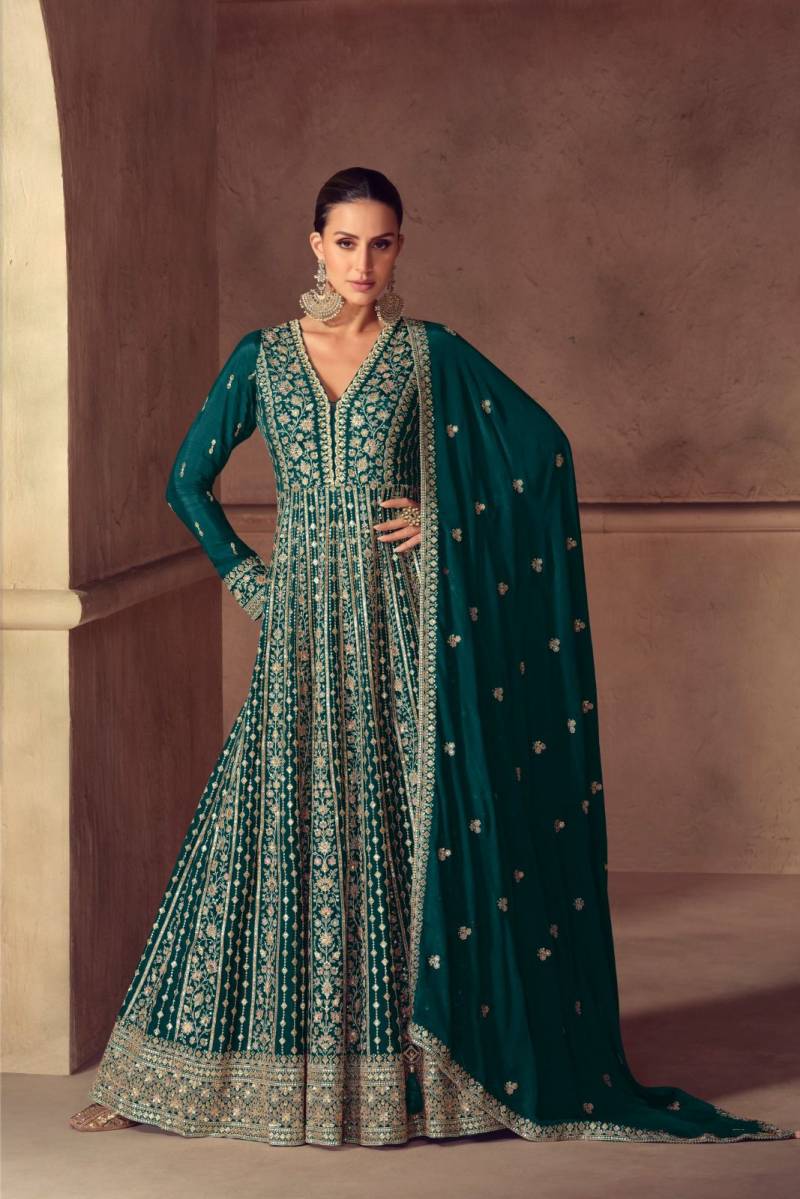 Hazeal 7604 A To C Real Chinon Embroidery Worked Premium Gown Collection