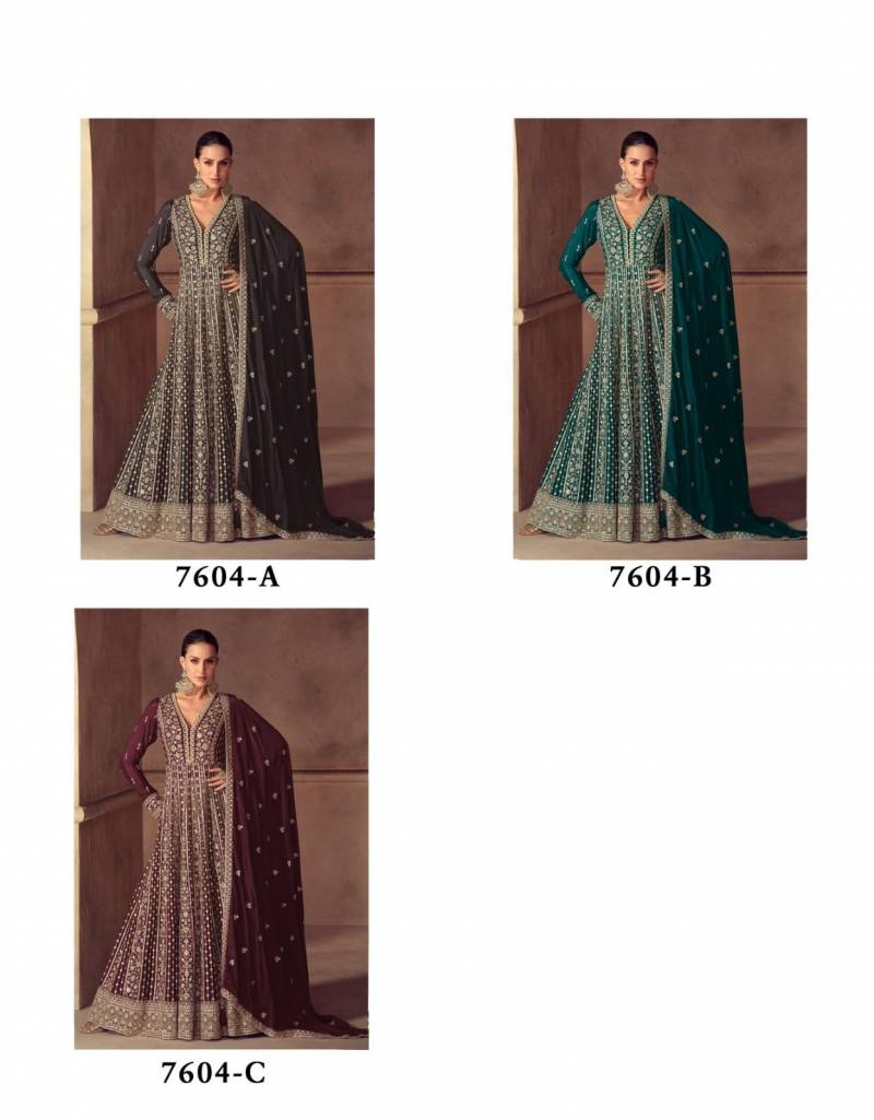Hazeal 7604 A To C Real Chinon Embroidery Worked Premium Gown Collection