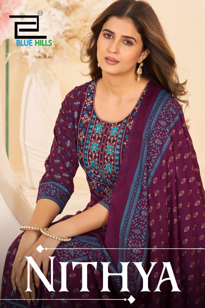 Blue Hills Nithya Anarkali Rayon Foil Print Anarkali Gown And Dupatta