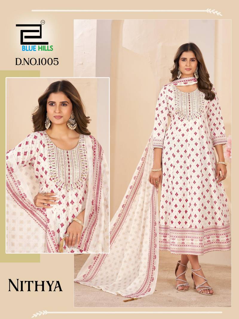 Blue Hills Nithya Anarkali Rayon Foil Print Anarkali Gown And Dupatta