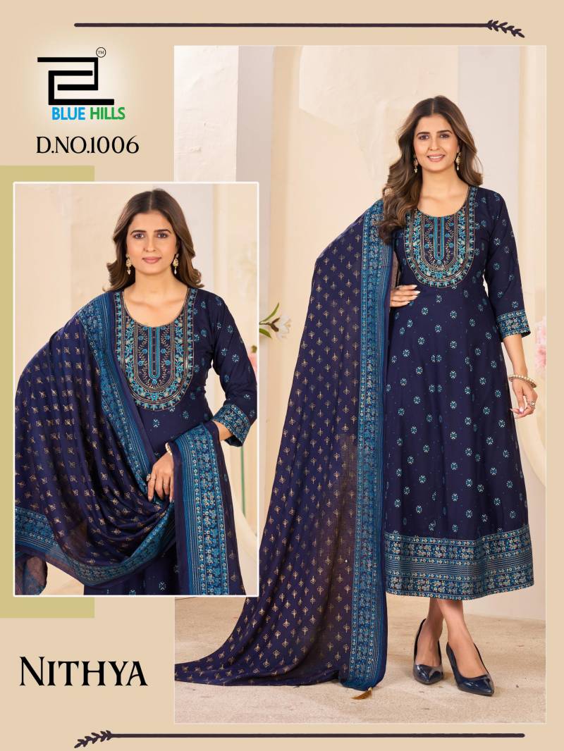 Blue Hills Nithya Anarkali Rayon Foil Print Anarkali Gown And Dupatta