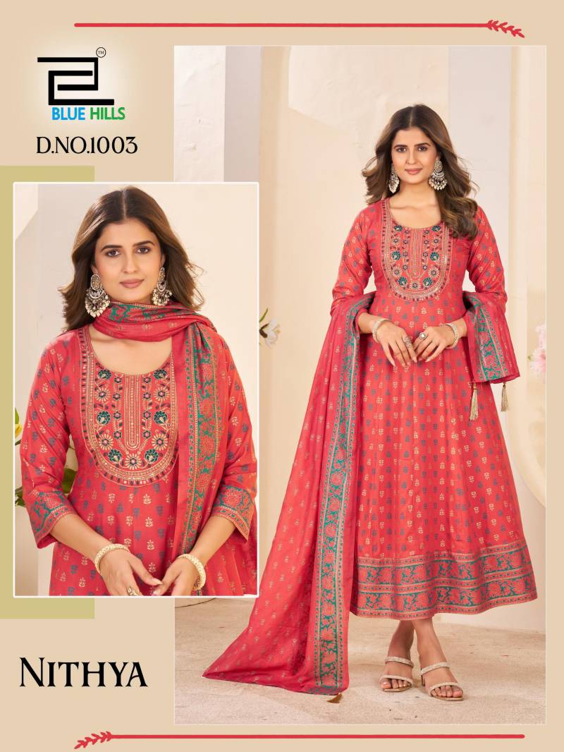 Blue Hills Nithya Anarkali Rayon Foil Print Anarkali Gown And Dupatta