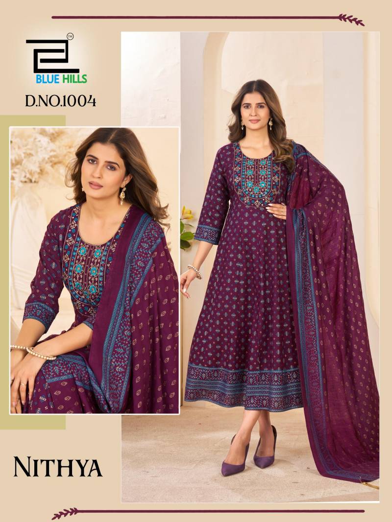 Blue Hills Nithya Anarkali Rayon Foil Print Anarkali Gown And Dupatta