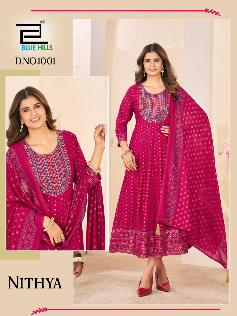 Blue Hills Nithya Anarkali Rayon Foil Print Anarkali Gown And Dupatta