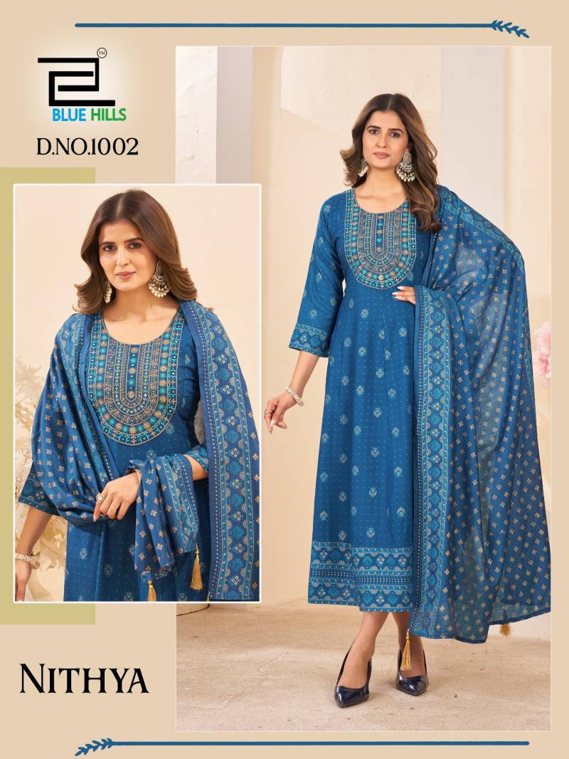 Blue Hills Nithya Anarkali Rayon Foil Print Anarkali Gown And Dupatta