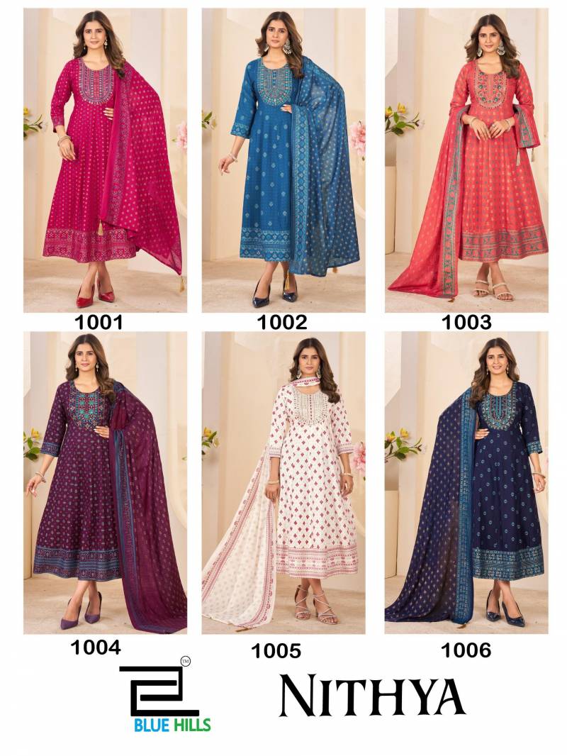 Blue Hills Nithya Anarkali Rayon Foil Print Anarkali Gown And Dupatta