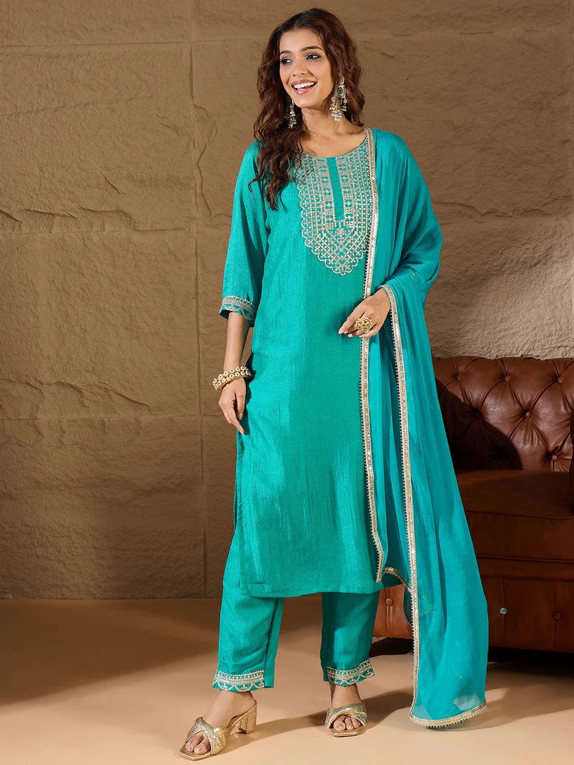 VP 9518 Bright Blue Silk Blend Yoke Design Kurta and Trousers Pant Set
