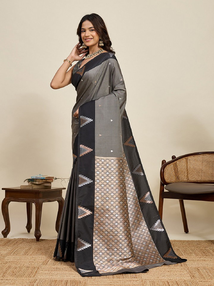 Maahi 207 Party Wear Silver and Gold Zari Weaving Worked Banarasi Silk Saree with Unstitched blouse  