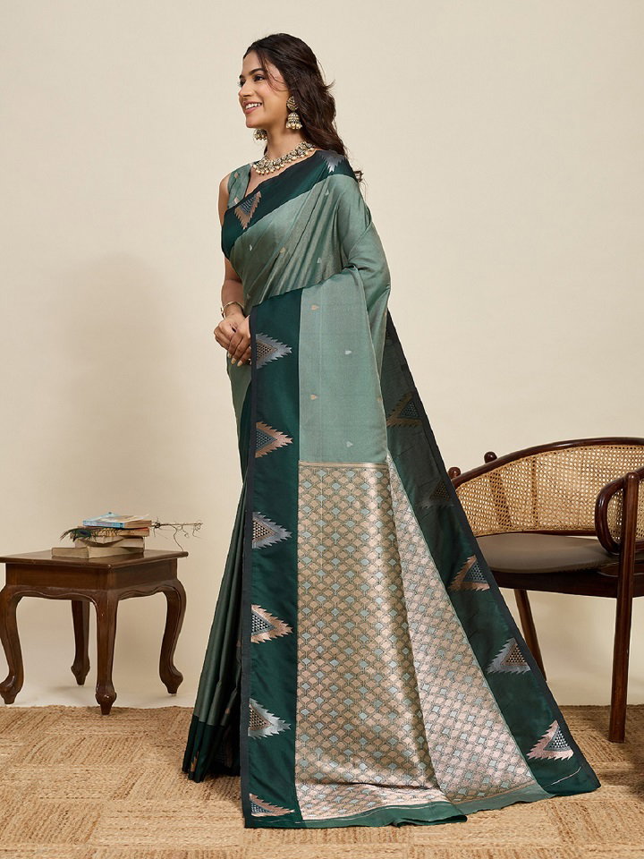Maahi 207 Party Wear Silver and Gold Zari Weaving Worked Banarasi Silk Saree with Unstitched blouse  