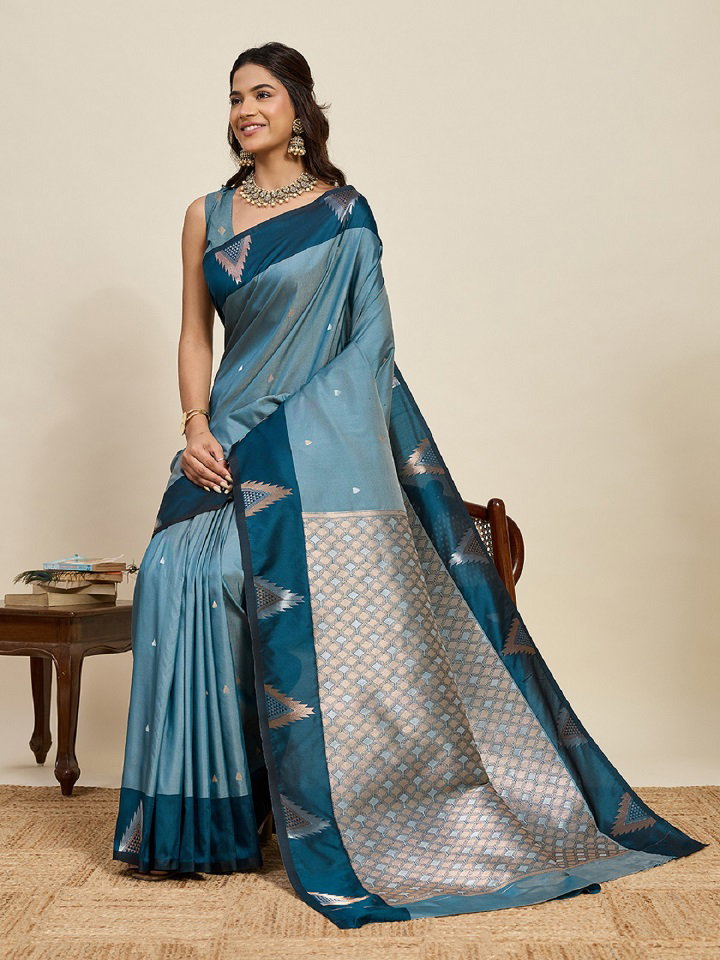 Maahi 207 Party Wear Silver and Gold Zari Weaving Worked Banarasi Silk Saree with Unstitched blouse  