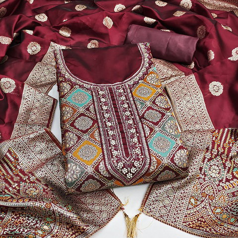 Navya Suit 168 Party Wear Unstitched handworked Jacquard Silk top with Bottom and Dupatta Suit