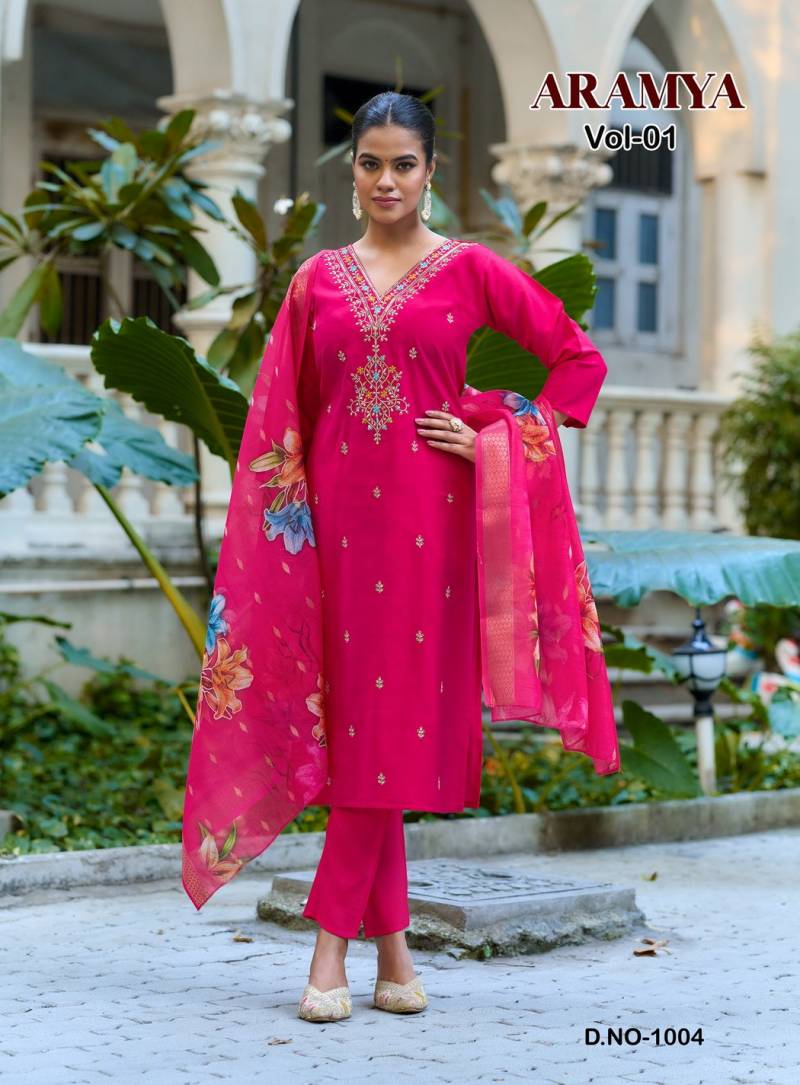 Aramya Vol 1 By Diya Trends Roman Silk Embroidery Kurti Pant And Dupatta